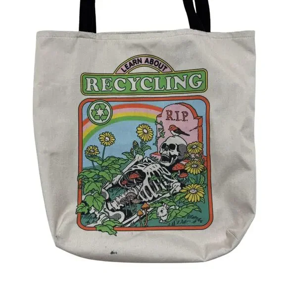 Skeleton “Learn About Recycling” RIP Grave Spooky Tote Bag Whimsygoth Funny - Picture 2 of 8